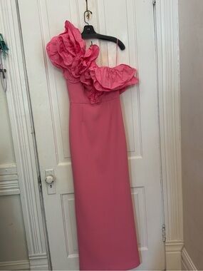 Rebecca Vallance Pink One-Shoulder Ruffle Gown NWT